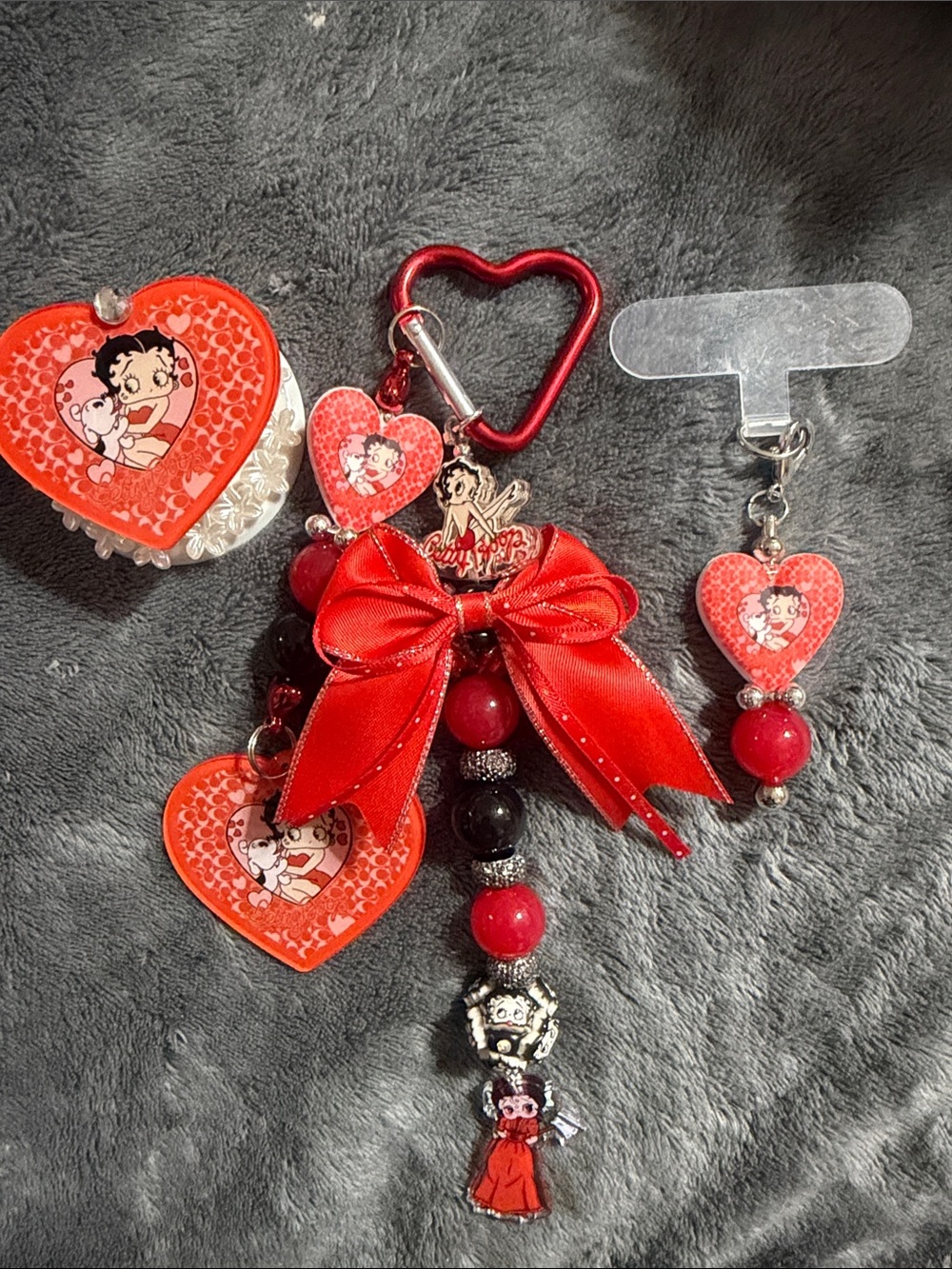 Red and Black Heart Charm Keychain with Bow Accent, Pop Socket and Phone  Charm.